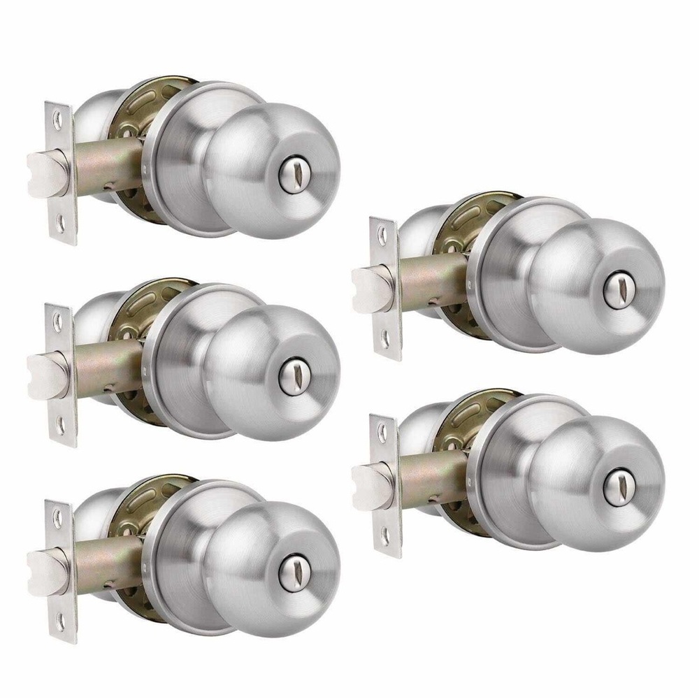 NEW 5 Pack Round Bed Bath Door Knobs with Privacy Lock (Keyless) Satin Nickel